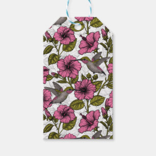 Étiquettes-cadeau Colibris et fleurs d'hibiscus roses