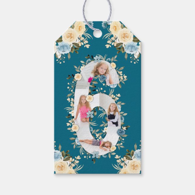 Étiquettes-cadeau Collage photo turquoise 6e anniversaire Fleur bleu (Devant)