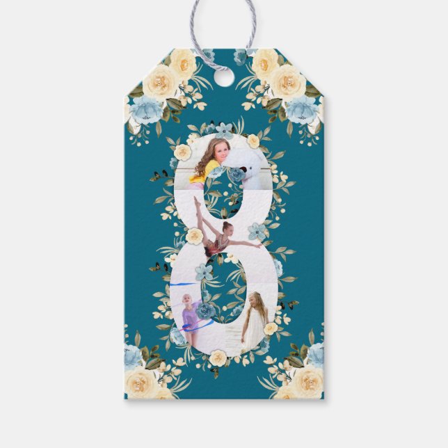 Étiquettes-cadeau Collage photo turquoise 8e anniversaire Blue Yello (Devant)