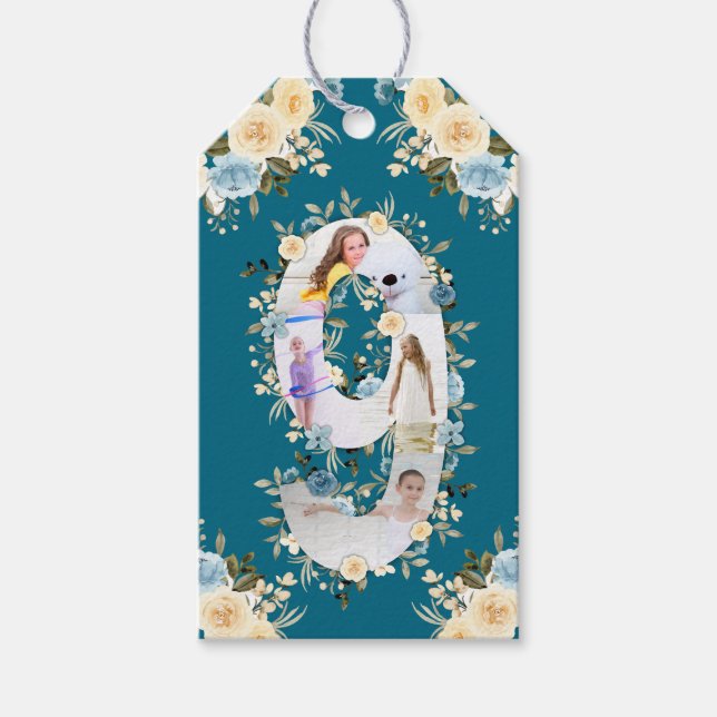 Étiquettes-cadeau Collage photo turquoise 9e anniversaire Blue Yello (Devant)