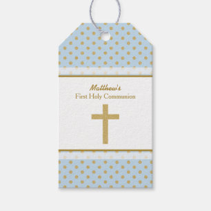 Étiquettes-cadeau Communion bleu avec Pois d'or