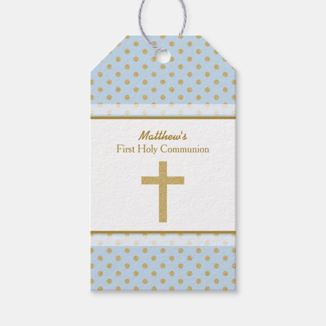 Étiquettes-cadeau Communion bleu avec Pois d'or (Devant)