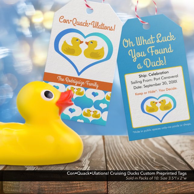 Étiquettes-cadeau Con ・ Quack ・ Ulations ! Canards de croisière préi (Oh What Luck You Found a Duck!–Cruise Ducks Pre-Printed Tags. Custom, with your name & cruise info.)