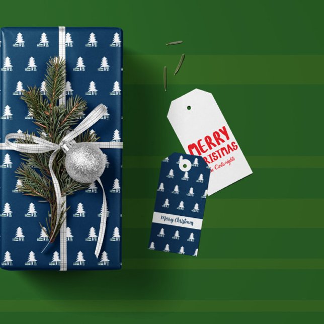 Étiquettes-cadeau Conception d'arbre de Noël bleu foncé et blanc (Créateur téléchargé)