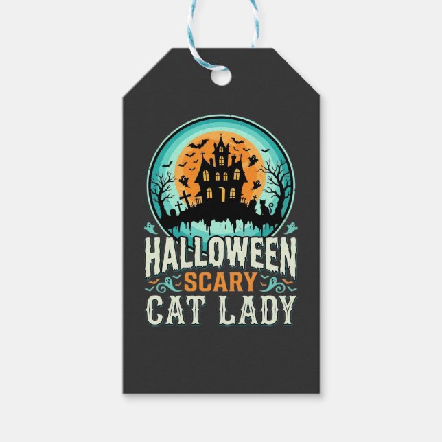 Étiquettes-cadeau Conception de maison hantée de dame de chat effray (Devant)