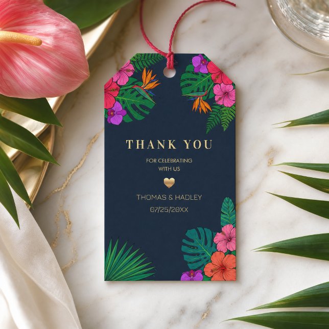 Étiquettes-cadeau Conception Florale Tropicale | Hibiscus & Feuillag (#tropicalgifttag#colorfulweddinggifttag#floralgifttag#favorwedding#summerwedding#greenerynavy)