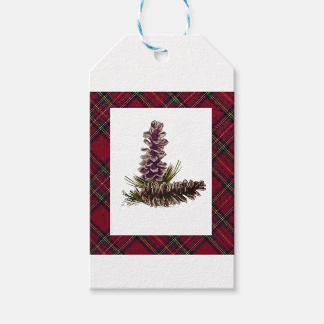 Étiquettes-cadeau cônes de pin et plaid (Devant)