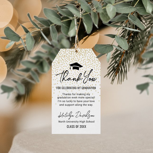 Étiquettes-cadeau Confetti d'or du Merci de graduation noir moderne (Créateur téléchargé)