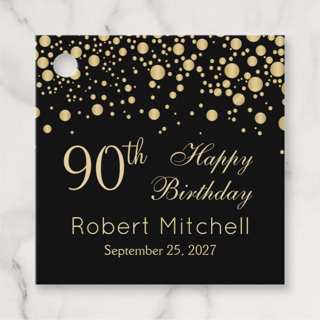 Étiquettes Cadeau Confetti d'or sur noir 90e anniversaire (Devant)
