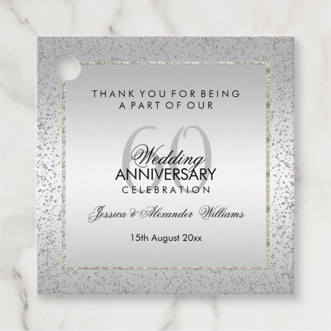 Étiquettes Cadeau Confetti en argent élégant 60e Merci Mariage (Devant)