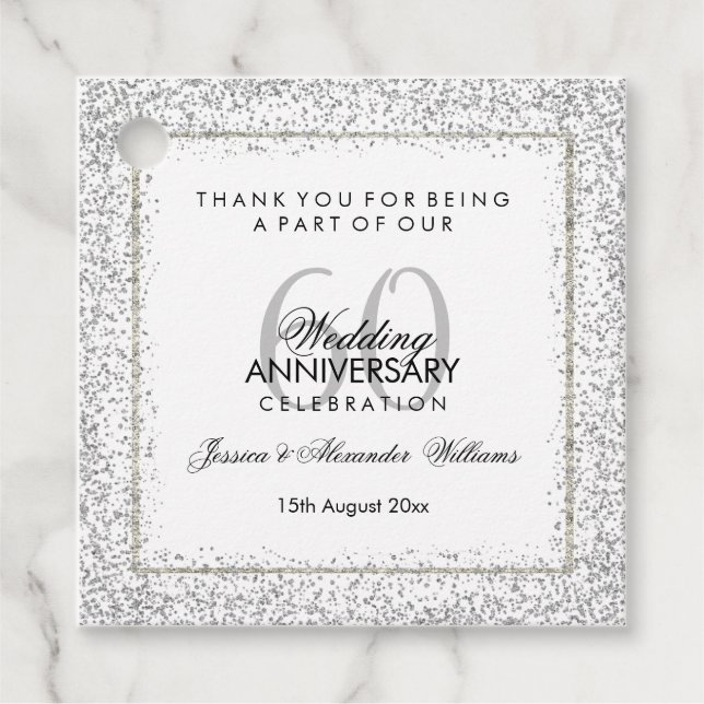 Étiquettes Cadeau Confetti en argent élégant 60e Merci Mariage (Devant)