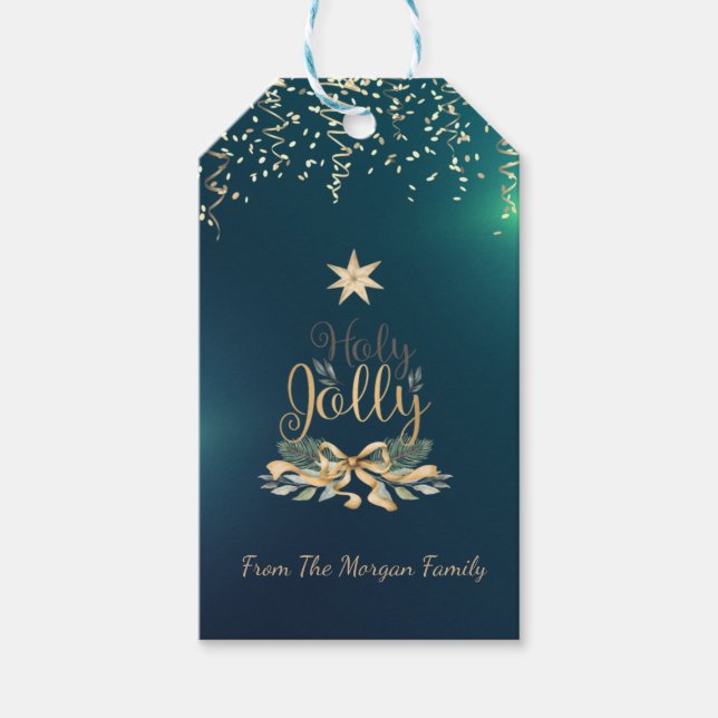 Étiquettes-cadeau Confetti festif, cloches de Noël, Étoile, vert (Devant)