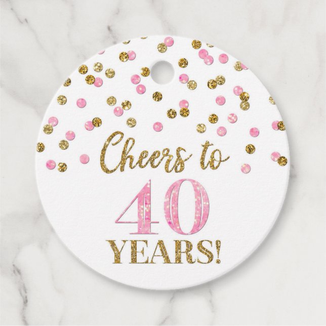 Étiquettes Cadeau Confetti rose or de 40 ans (Devant)