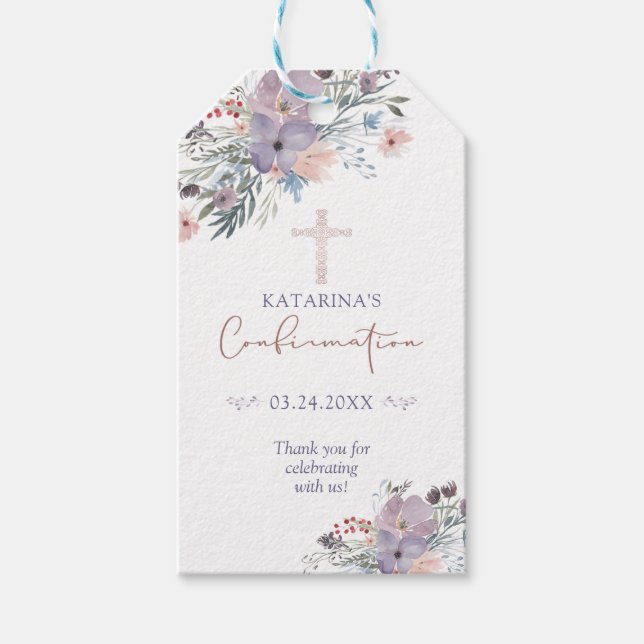 Étiquettes-cadeau Confirmation Aquarelle Florale Script Purple Blush (Devant)