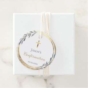Étiquettes Cadeau Confirmation bleu poussiéreux faux or feuille Favo