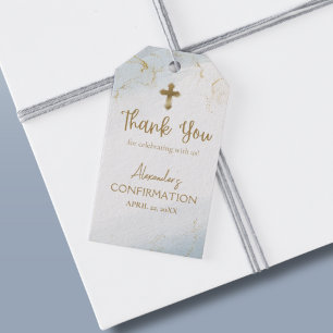 Étiquettes-cadeau Confirmation de croix Merci bleu Gold