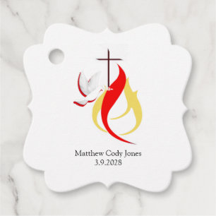 Étiquettes Cadeau Confirmation de feu de colombe rouge jaune tendanc