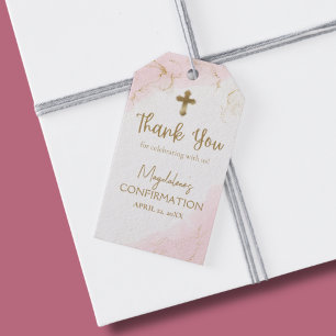 Étiquettes-cadeau Confirmation de la croix d'or Merci rose
