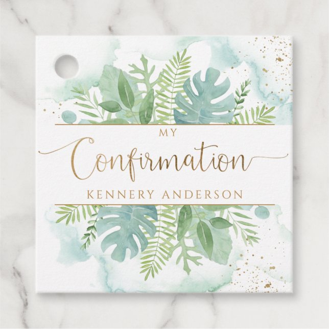 Étiquettes Cadeau Confirmation de la verdure et de l'aquarelle bleue (Devant)
