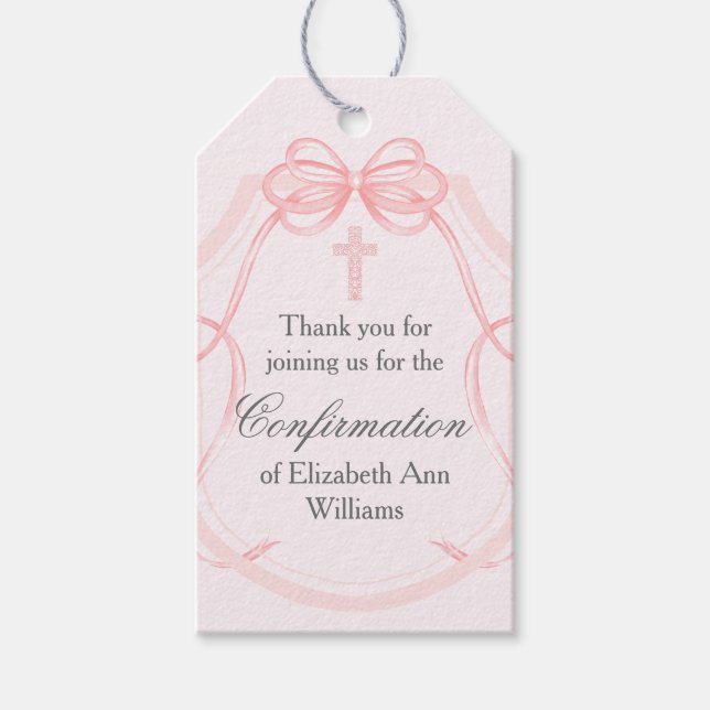 Étiquettes-cadeau Confirmation Élégante Bow en ruban rose (Devant)
