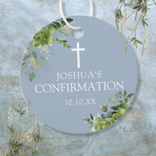 Étiquettes Cadeau Confirmation Florale Bleu Poussiéreux de Verdure