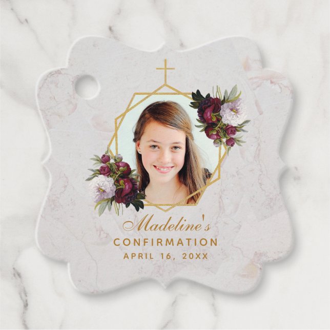 Étiquettes Cadeau Confirmation Girl Photo Burgundy Peonies Gold (Devant)