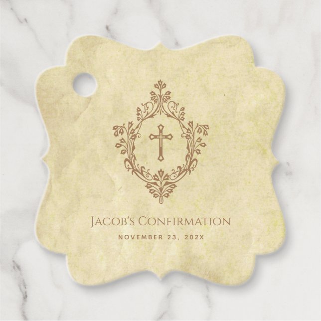 Étiquettes Cadeau Confirmation Vintage Parchment Brown Cross & Crest (Devant)