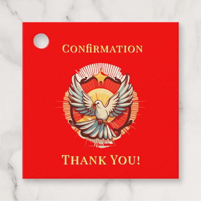 Étiquettes Cadeau Confirmation White Dove Red Flamed Merci (Devant)