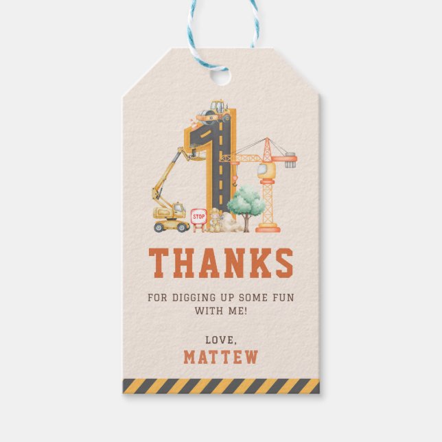 Étiquettes-cadeau Construction 1st Birthday Party Thank You (Devant)