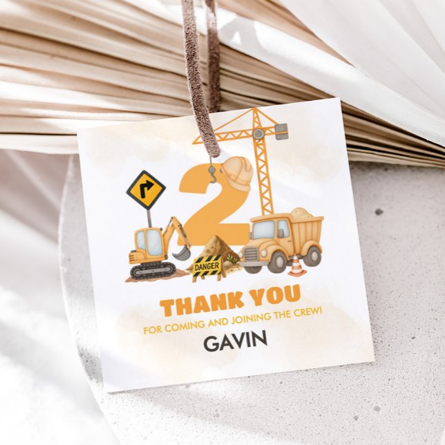 Étiquettes Cadeau Construction 2e anniversaire Carré de fête (Construction Truck 2nd Birthday Party Square Favor Tags)