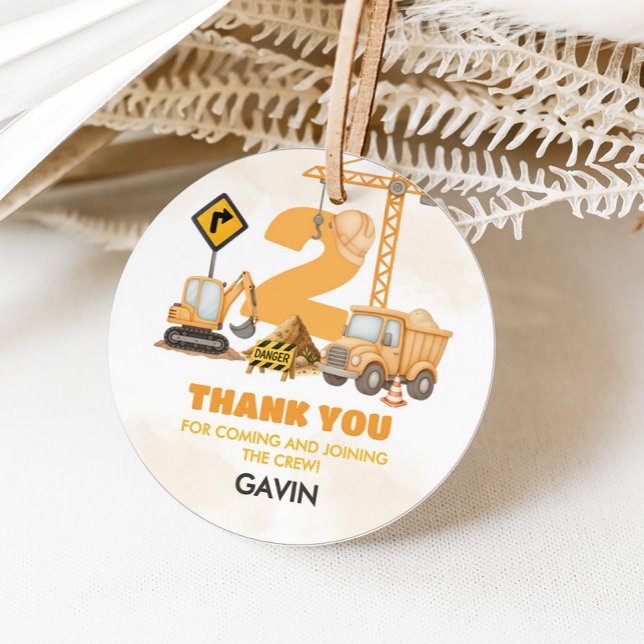 Étiquettes Cadeau Construction 2ème fête d'anniversaire (Construction Truck 2nd Birthday Party Round Favor Tags)