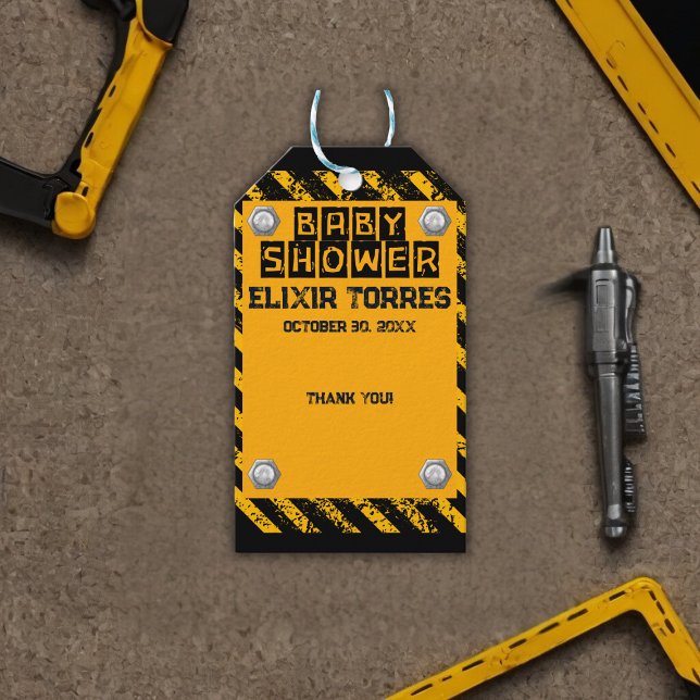 Étiquettes-cadeau Construction Baby shower jaune et noir (Créateur téléchargé)