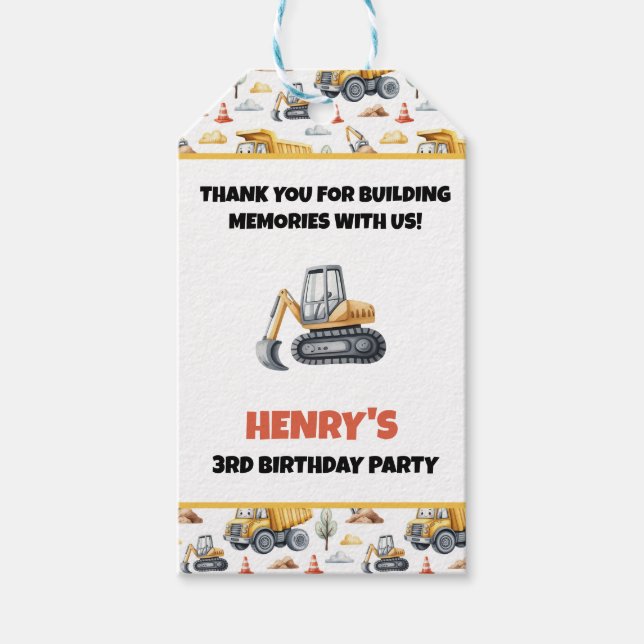Étiquettes-cadeau Construction Joyeux Anniversaire Merci Nom Pelle (Devant)
