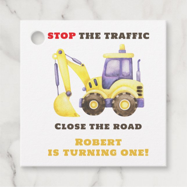 Étiquettes Cadeau Construction Truck Excavateur fête d'anniversaire (Devant)