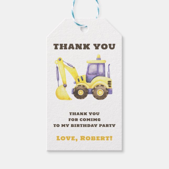 Étiquettes-cadeau Construction Truck Excavateur fête d'anniversaire (Devant)
