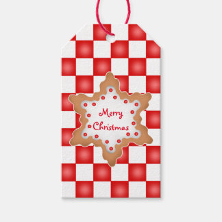 Étiquettes-cadeau cookie de Noël sur damier rouge et blanc