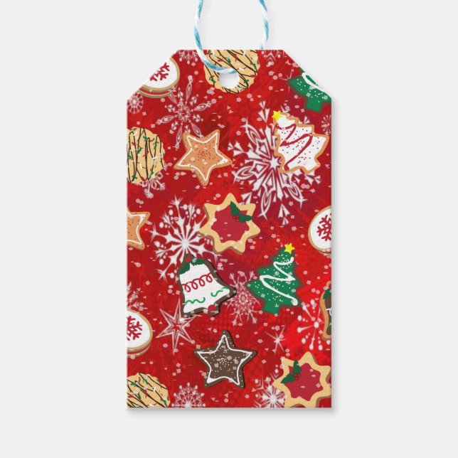 Étiquettes-cadeau Cookies de Noël et flocons de neige en rouge (Devant)