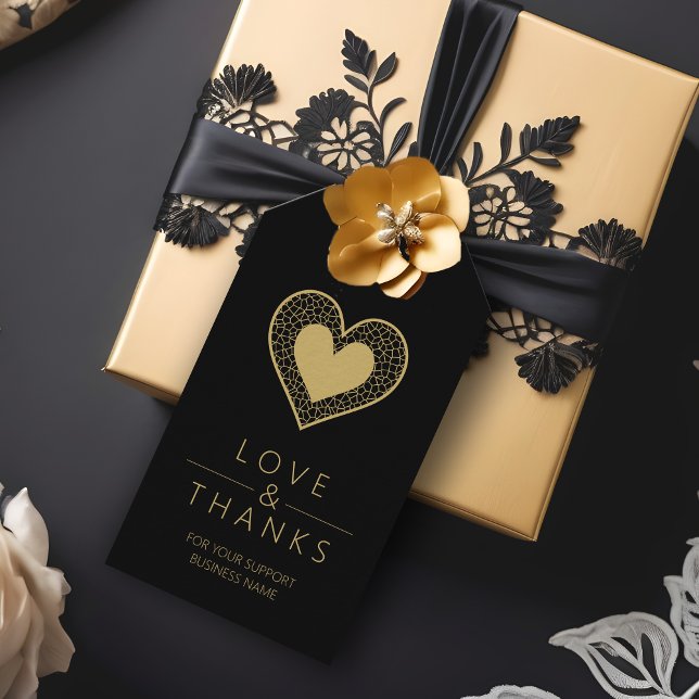 Étiquettes-cadeau Cool Fake Gold Black Heart Lace Effect Love Thanks (Cool Fake Golden Black Heart Lace Effect Love & Thanks Supporting Small Business Gift Tag.)