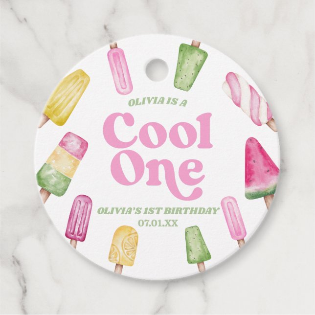 Étiquettes Cadeau Cool One Pink Retro Popsicle 1er anniversaire (Devant)