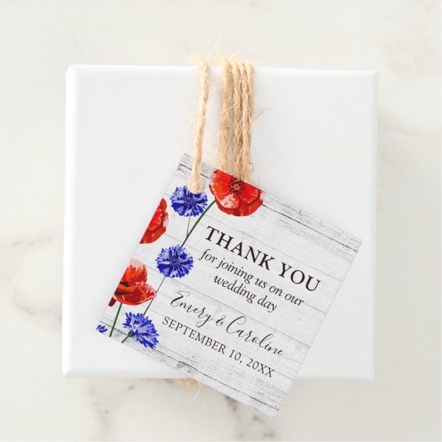 Étiquettes Cadeau Coquelicot rouge Bleuet Mariage rustique Merci (En situation)
