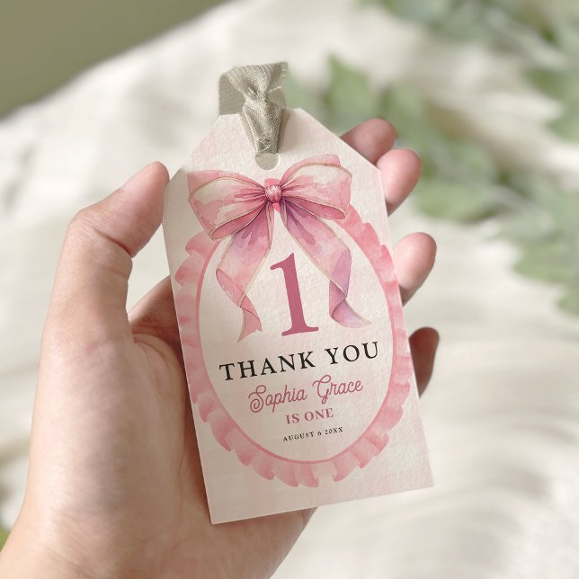 Étiquettes-cadeau Coquette à mâchoires roses 1er anniversaire (Créateur téléchargé)
