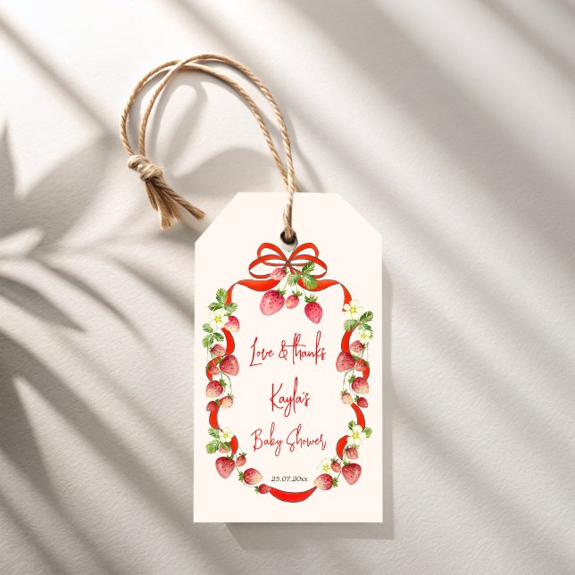 Étiquettes-cadeau Coquette à ruban de fraise baby shower en faveur (Strawberry ribbon bow coquette berry sweet baby shower personalized favor gift tags)