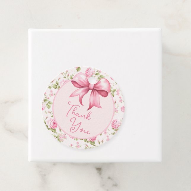 Étiquettes Cadeau Coquette Bow rose Merci (En situation)