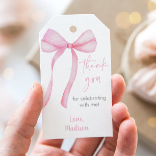 Étiquettes-cadeau Coquette Bow rose Premier anniversaire Merci