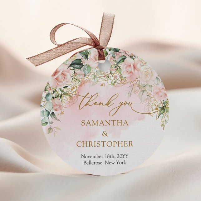 Étiquettes Cadeau Coquette délicate rose roses or et verdure (Delicate pastel pink roses greenery and gold wedding favor tag)