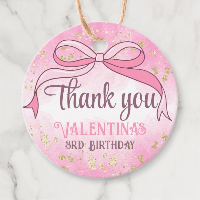 Étiquettes Cadeau Coquette Pink Bow Gold Parties scintillant Script  (Devant)