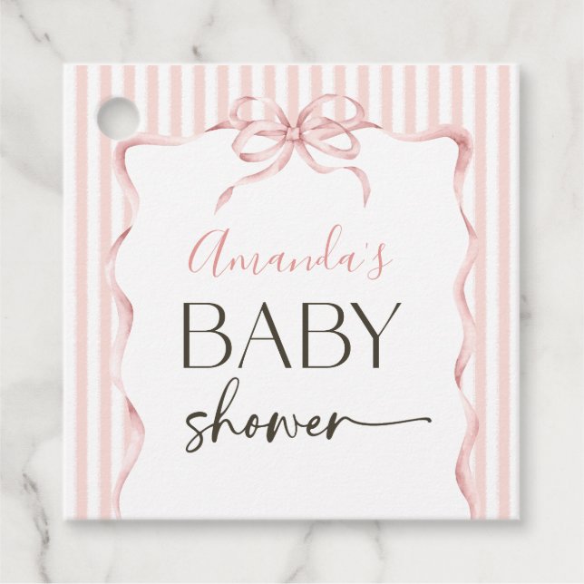 Étiquettes Cadeau Coquette Pink Bow Wavy Stripe Girl Baby Shower (Devant)