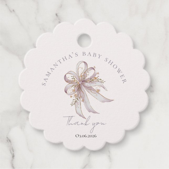 Étiquettes Cadeau Coquette purple bow baby shower  (Devant)