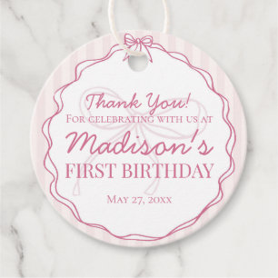 Étiquettes Cadeau Coquette rose Bow Pastel rayé Anniversaire