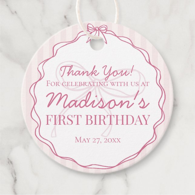 Étiquettes Cadeau Coquette rose Bow Pastel rayé Anniversaire (Devant)